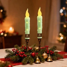Short Flameless Taper Candles with Timer Real Wax Green Battery Operated Cand...