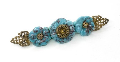 RARE Miriam Haskell Book Piece Flower Brooch Turquoise Poured Glass Flowers Pin
