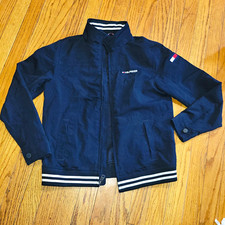 Tommy Hilfiger classic Navy Full Zip Bomber Jacket L boys 12/14 hood Collar