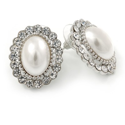 Bridal White Glass Pearl, Clear Crystal Oval Stud Earrings In