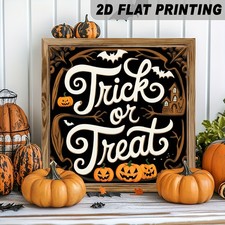 Farmhouse Trick Or Treat Pumpkin Bat Wooden Plaque For Classic Halloween Decor