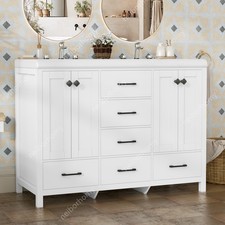White 47" Bathroom Vanity Storage Cabinet with Double Ceramic Sink Freestanding