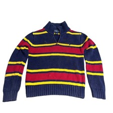 Polo Ralph Lauren Boys Size 7 Quarter Zip Sweater Navy Red Yellow Stripe Pony