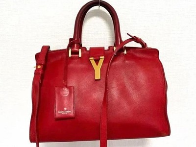 Yves Saint Laurent YSL Y Line Cabas Schulter Handtasche Rot Leder Japan Authe...