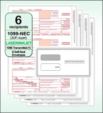 2025 IRS TAX FORMS KIT: 1099-NEC 6 recipients +envelopes + (1)1096 LASER 4pt 3UP