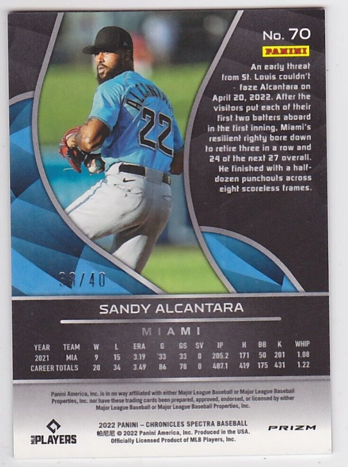 2022 Chronicles Spectra #70 Sandy Alcantara Pink Prizm 38/40 Marlins - Image 2 of 2