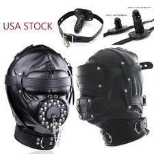 Bondage Hood Headgear Pu Leather Mask with Mouth Gag Plug Muzzle Restraints