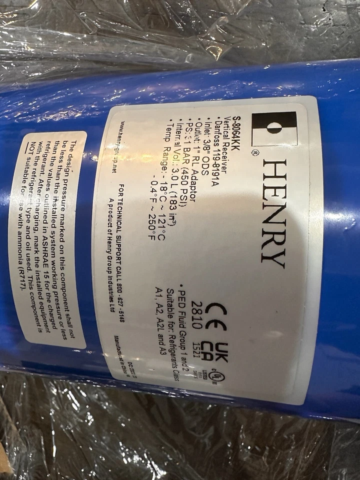 Henry Liquid Receiver S-8064 Kk Danfoss 119-8191A  3/8" ODS x 1"R/L 450 PSIG NEW - Image 4 of 4