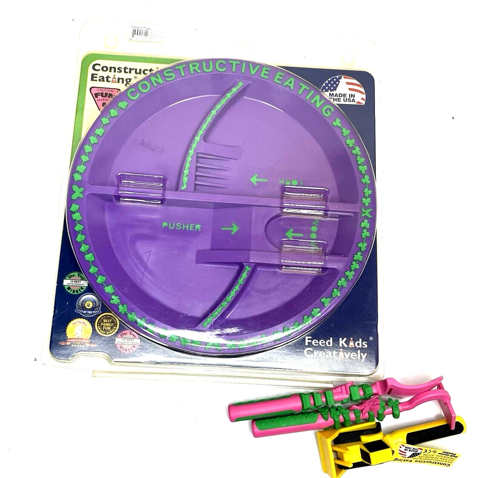 NUEVO Plato creativo de alimentación infantil púrpura constructivo con utensilios Foto 3 de 4