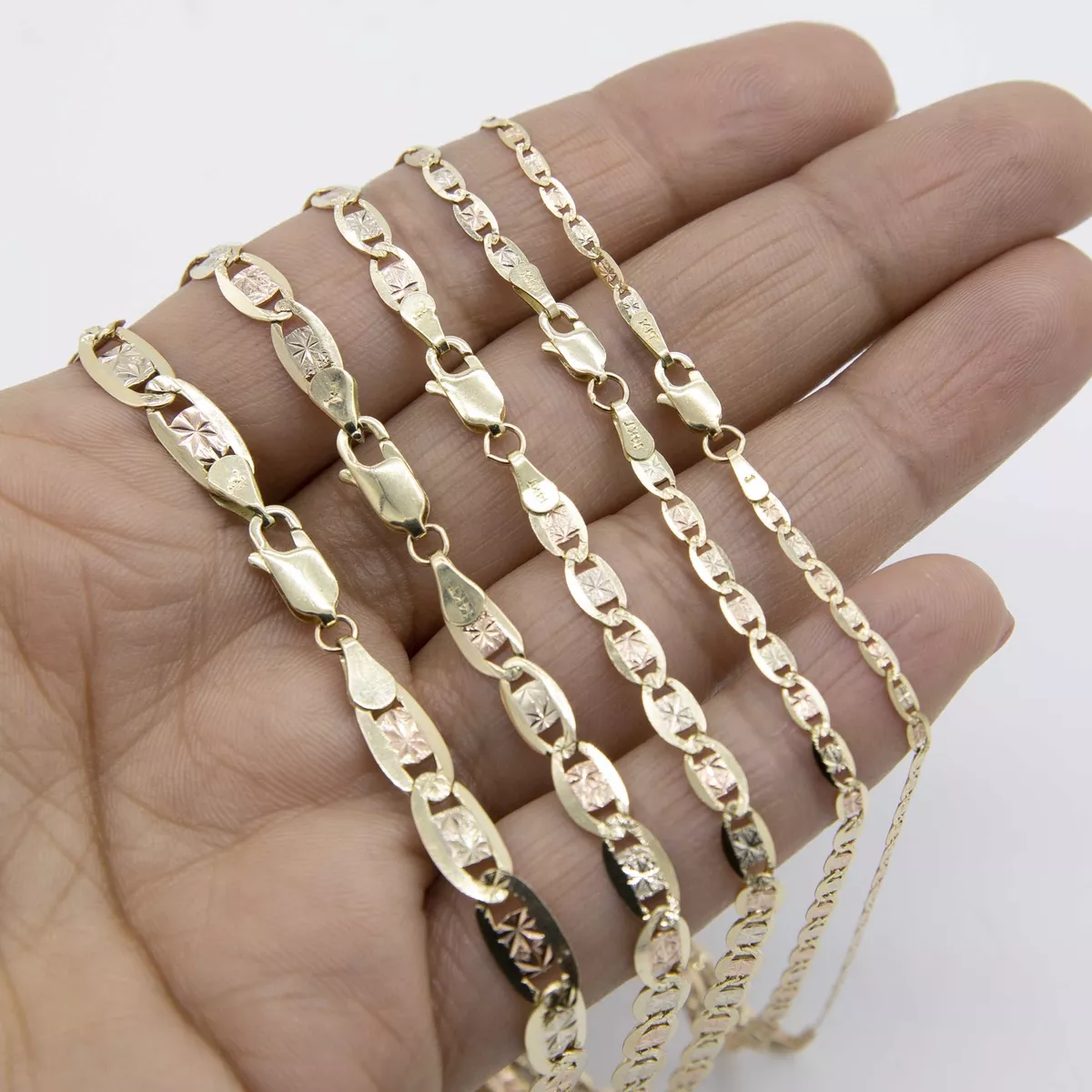 Textured Valentino Link Chain Necklace Real 14K Tri Color Gold All Sizes