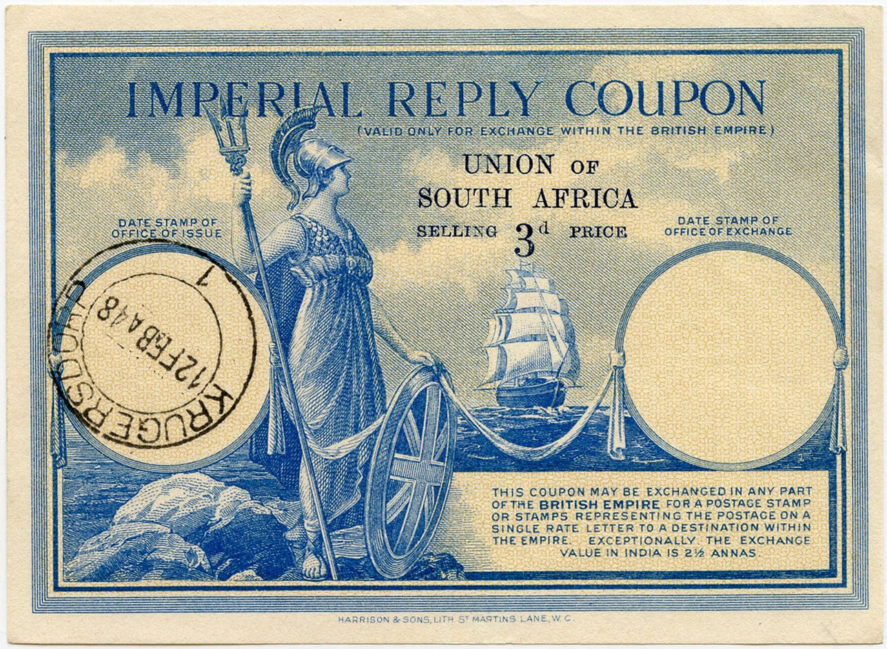 SOUTH AFRICA IMPERIAL REPLY PAID COUPON IRC 1948 SHIP + BRITANNIA 3d