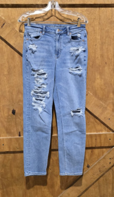American Eagle Womens Mom Jeans SZ 4 Blue Distressed Ripped High Rise Indie Y2K