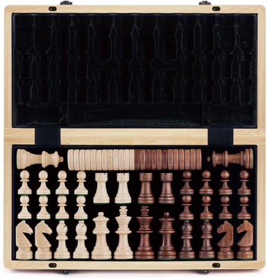 A&A 15 inch Wooden Folding Chess & Checkers Set for Adults / 3 inch King Height 