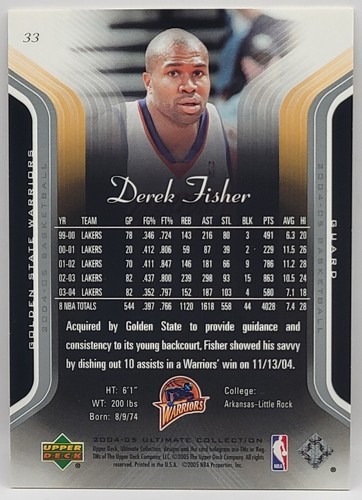 04-05 Ultimate Collection Derek Fisher Base Card (Warriors) #629/750 #33 - Picture 2 of 2