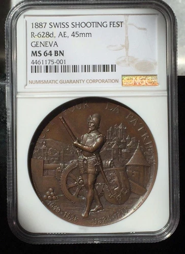  1887 Swiss Shooting Fest Medal Geneva,R-628d, NGC MS64 BN: Brown W/ Nice Detail