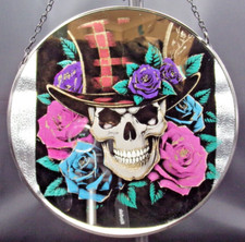 Etched and coloured image on 25CM round mirror with metal & fancy chain.