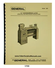 General Model 260 Wood Lathe 12" Op, Maintenance & Parts List Manual #1759