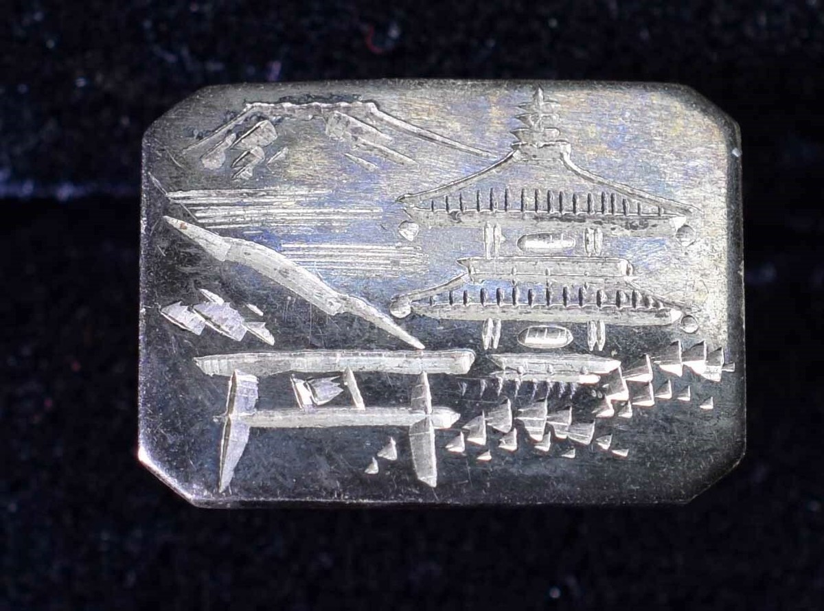 Vintage Japan Sterling Black Niello, Cufflinks, Pagoda