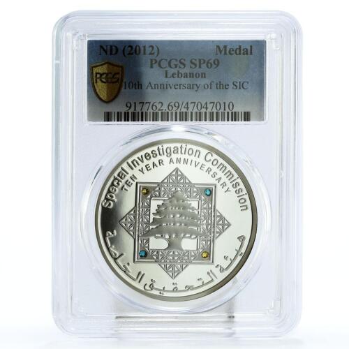 Lebanon 10 Years Special Investigation Commission SIC SP69 PCGS Ag medal 2012 - Afbeelding 1 van 2