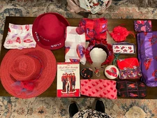 Lot Red Hat Society Scarfs, Hats, Book, Headband, Ornament, Pin, Earrings, Purse