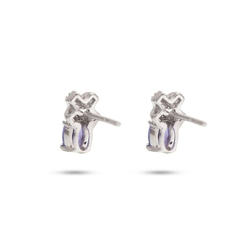 Boucles D'oreilles Anciennes Argent Massif 925 - Tanzanite & Perle Grise, Motif Lys, Pendantes