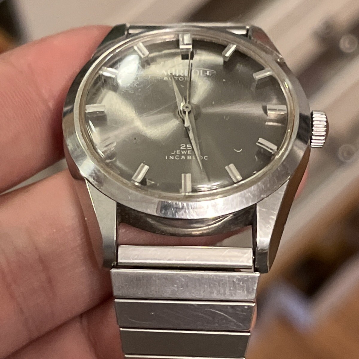 Rare Mirror Aureole 25 Jewel Automatic Incabloc All Stainless 