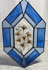 14  x 8.5  Leaded Stained Beveled Glass Suncatcher Cobalt Blue Dried Floral VTG
