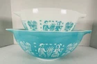 Pyrex Amish Butterprint Cinderella Mixing Bowl Set Of 2  Blue White 443, 444 VTG