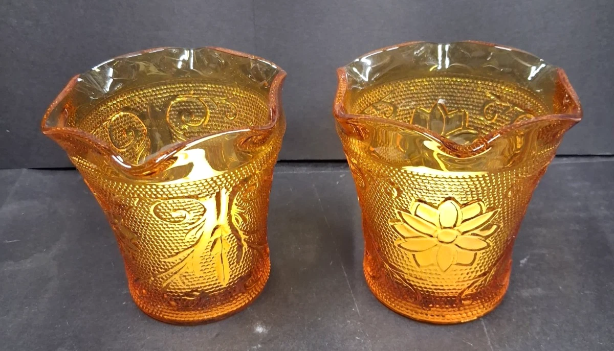 Vintage Tiara Sandwich Amber Pressed Glass Votive Holders 1970's-1980's