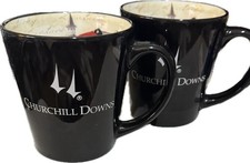 Pair Churchhill Downs Black Coffee Mug 10 oz Kentucky Derby Graphic Horse Jockey