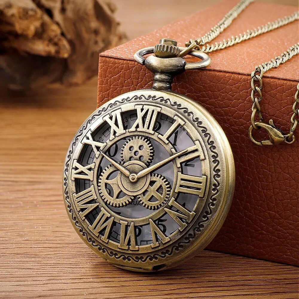 Antique Steampunk Vintage Roman Numeral Quartz Pocket Watch Bronze Chain Pendant