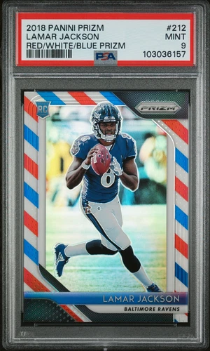 PSA 9 2018 Panini Prizm Lamar Jackson Red White Blue Rookie RC #212