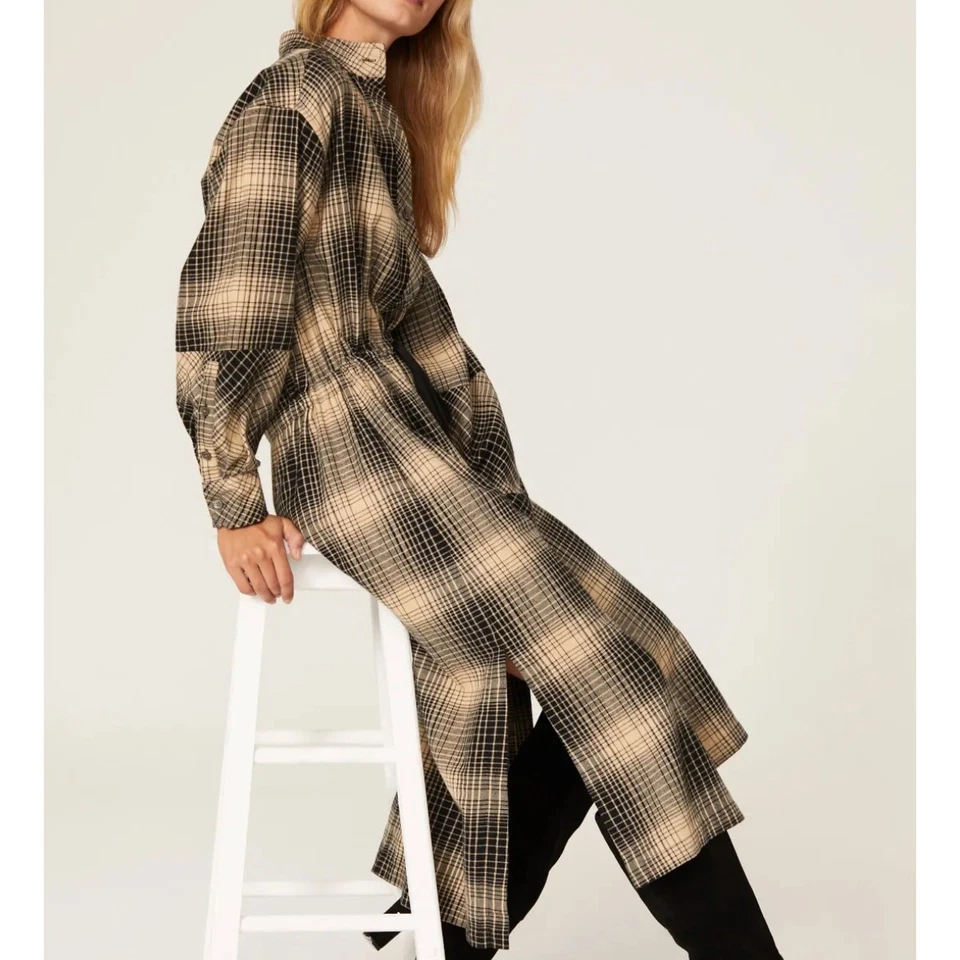 Vestido Camisa Blusa Joie Gris Cuadros MEDIANO Franela Algodón Diseñador Occidental $300 Foto 2 de 4