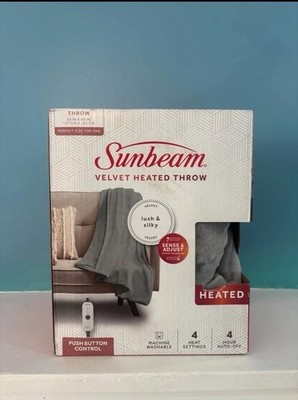 Sunbeam Heated Throw Blanket GRAY VELVET PLUSH 50X60 IN. heat setting BRAND NEW!