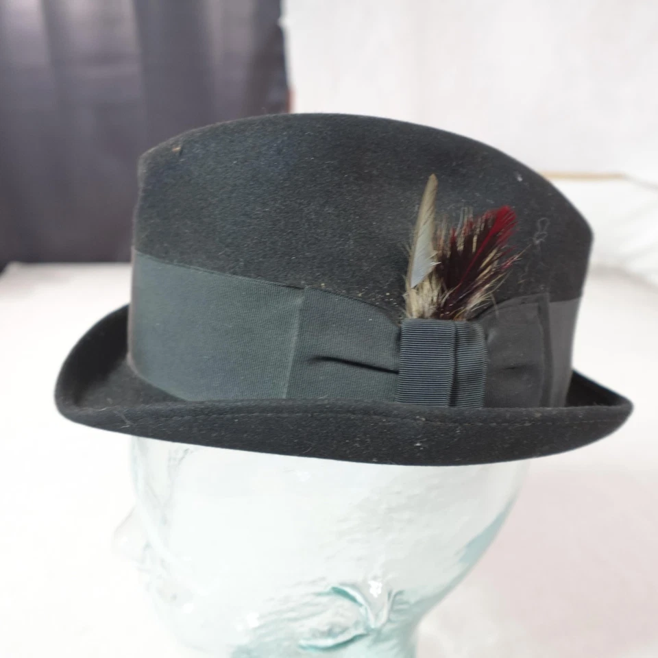 Wormser Hat Fedora Mens Medium Black Felt Lancer Feather Grosgrain Band Classic - Image 4 of 4