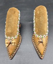 Antique Victorian High Heel Pin Cushion Set Beaded Leather Sewing Folk Art