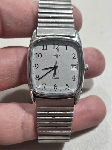 Vtg Timex Quartz Square Silver Dial Stainless Steel Bracelet Watch Vintage 90s - Image 1