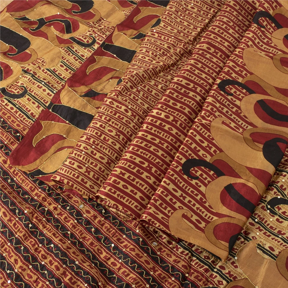 Saris de colección dorados y rojos de seda pura sánscriti sari 5+ yardas tela artesanal Foto 3 de 4