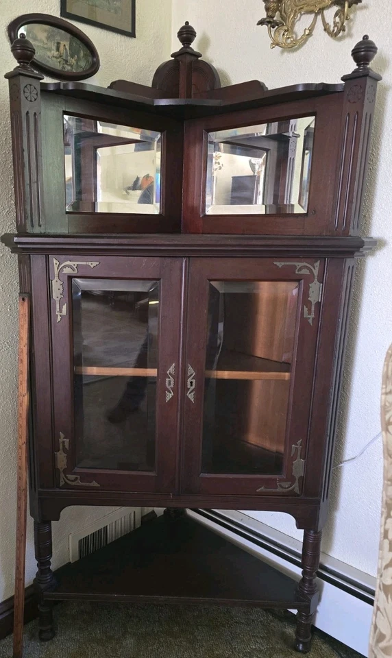 Unique Victorian Style Antique Corner Cabinet Glass and Mirror with Shelves - Image 2 of 4