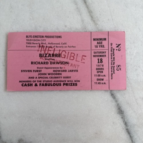 Rare 1978 Studio Audience Ticket For “Bizarre” Tv Game Show - Richard Dawson