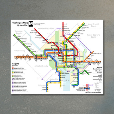 Washington Metro System Map Art Poster Large Canvas Wall Print 36x24