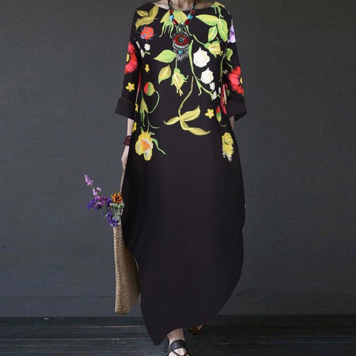 Womens Boho Round Neck Floral 3/4 Sleeve Sundress Ladies Casual Loose Maxi Dress - Picture 5 of 27