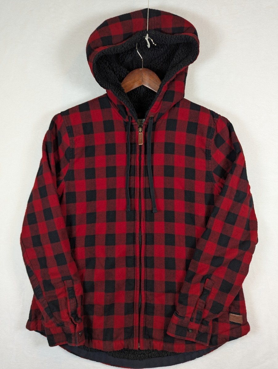 LL Bean Buffalo Plaid Sherpa Lined Full Zip Flannel Hoodie Womens M Relaxed  Fit