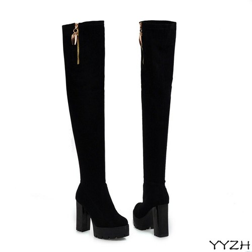 Women Sexy Over Knee High Platform Round Toe Faux Suede Metal Chain Boots SZ