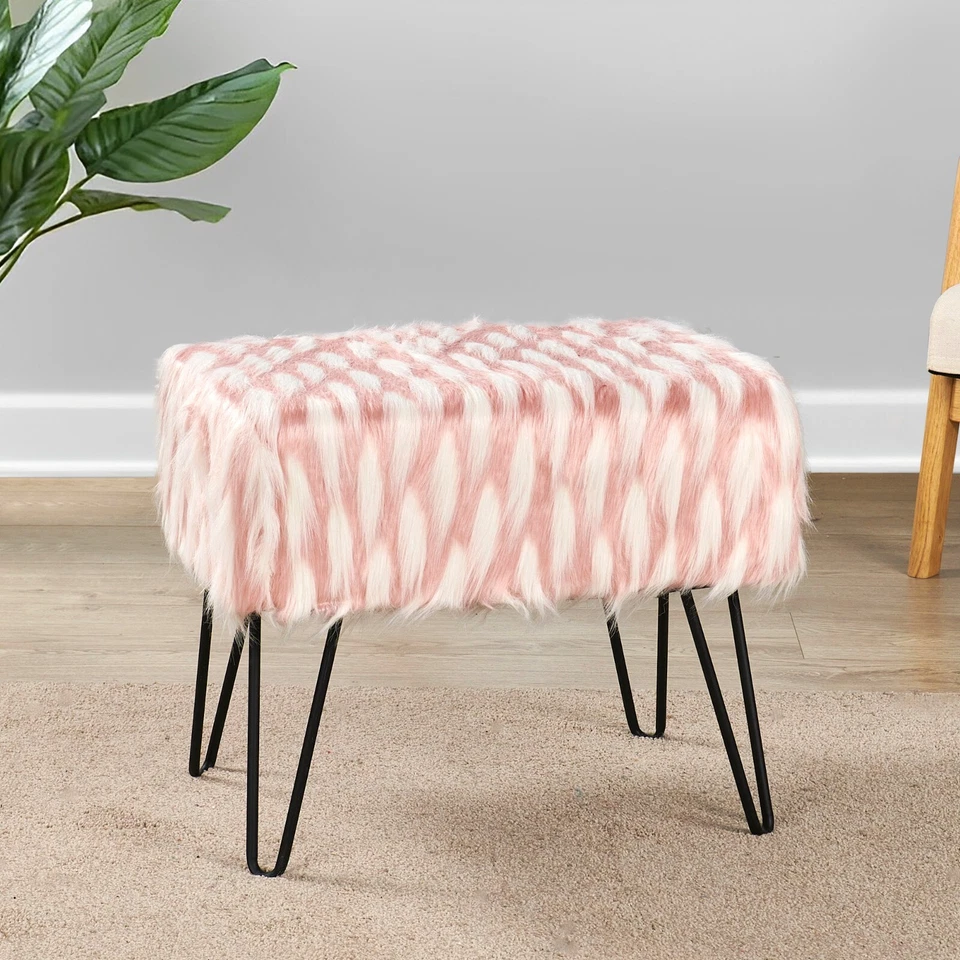 Plush Feathery Faux Fur Ottoman Bench - Luxe Vanity Stool Foot Rest Accent Seat - Image 3 of 4