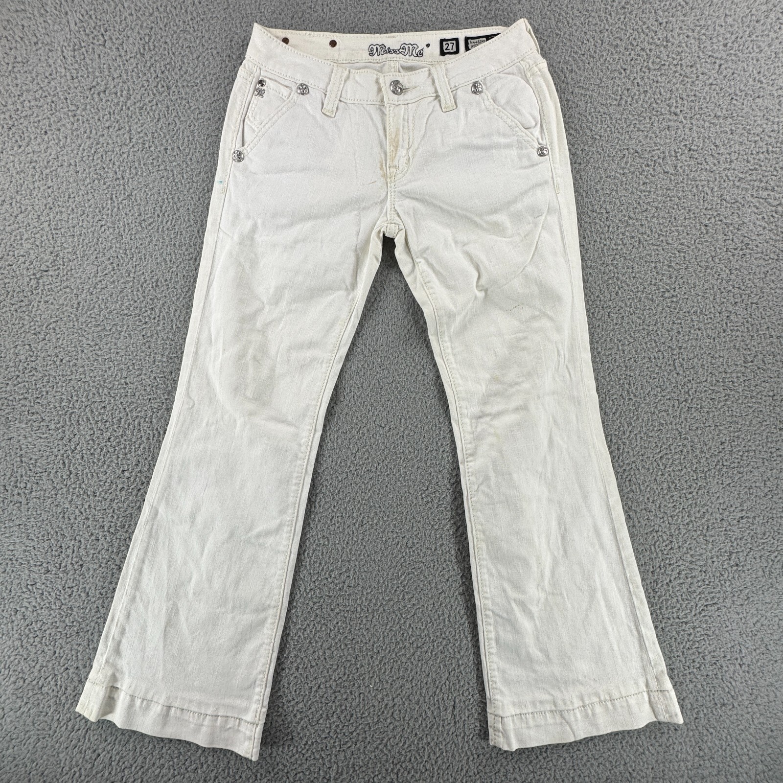 Miss Me Women's White Flare Jeans Size 27 with Rhinestone Embroidery Retro Y2K Style