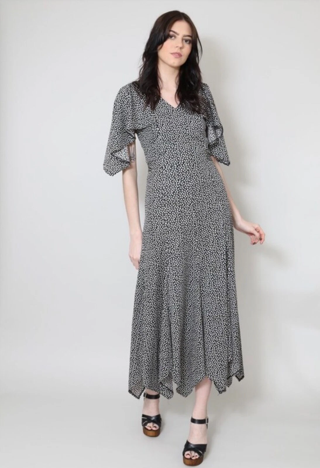 70's Vintage Flutter Sleeve Black White Apple Print Hankerchief Hem Midi Dress