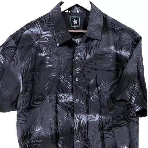 Aureus Silk Button Up Shirt Mens XL Black Gray Hawaiian Palm Trees Travel Casual