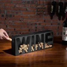 Wall Mounted Black Metal Wine Cork Holder with Top Lid and Wine Cut Out Design