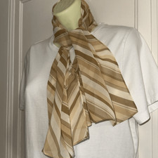 Vintage semi sheer polyester cream, tan  brown diagonally striped long scarf